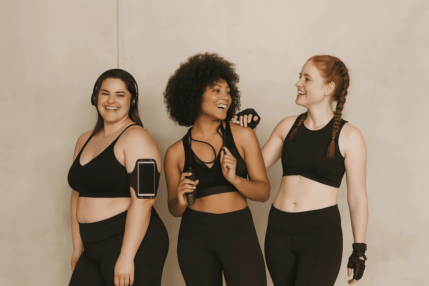 Trois femmes de morphologies différentes en tenue de sport, souriantes